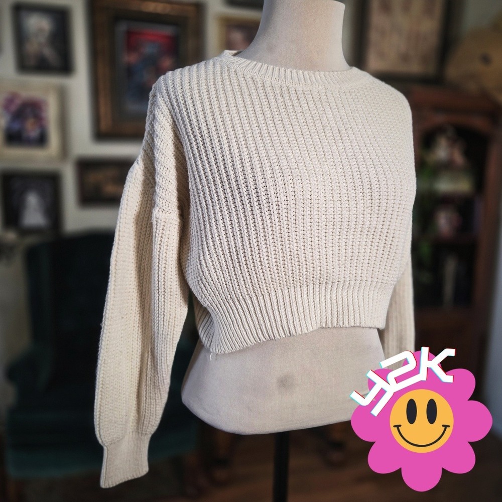 Urban Outfitters Cropped Sweater Vintage Y2K Cream Knit Chunky Pullover XS‎